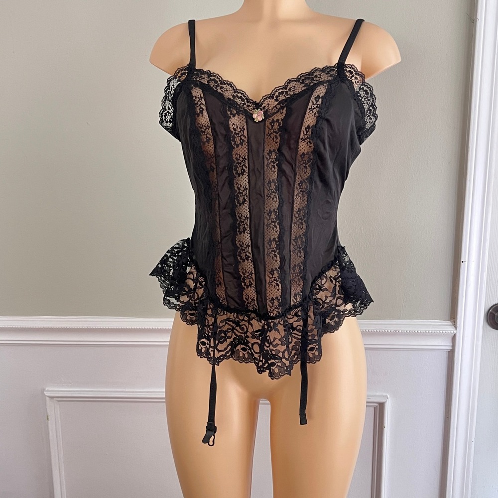 Nan Flower Bustier Camisole Women L Vtg Lace Garter Black Whimsey Witchy Goth